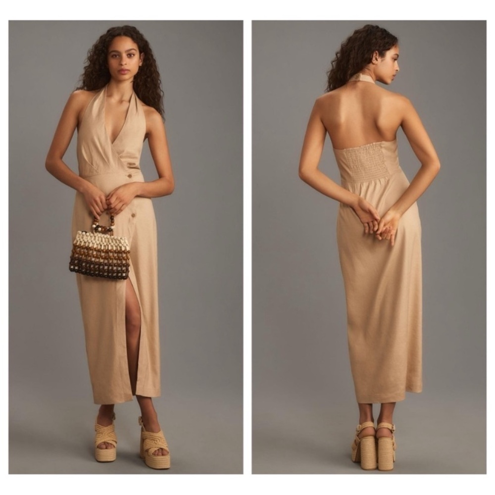 Anthro Linen Blend Column Halter Wrap Maxi Dress